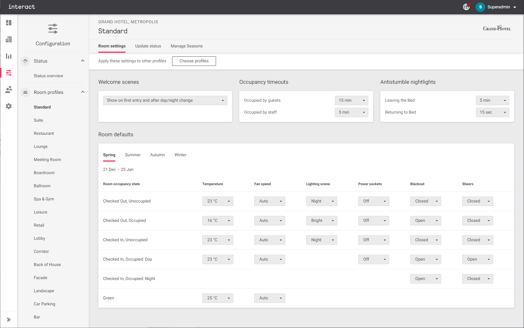 iah config room settings
